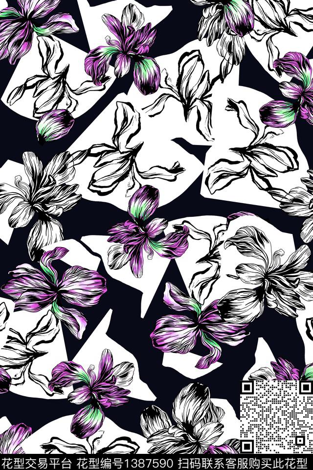 炫彩几何花卉大牌风数码印花华亿平台下载（图片编号: 1387590） - 瓦栏（Walan）