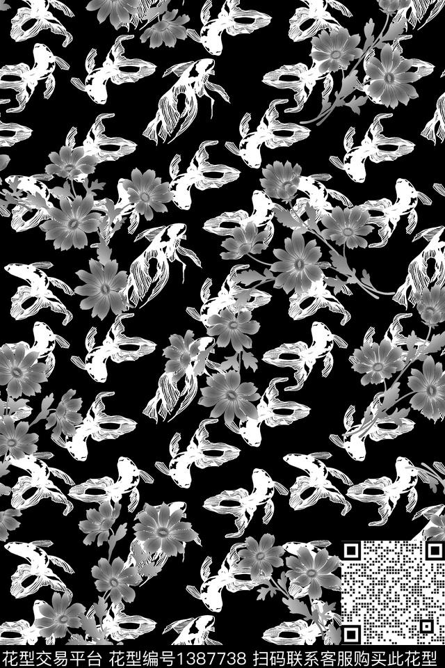 黑白华亿平台花卉大牌风数码印花华亿平台下载（图片编号: 1387738） - 瓦栏（Walan）