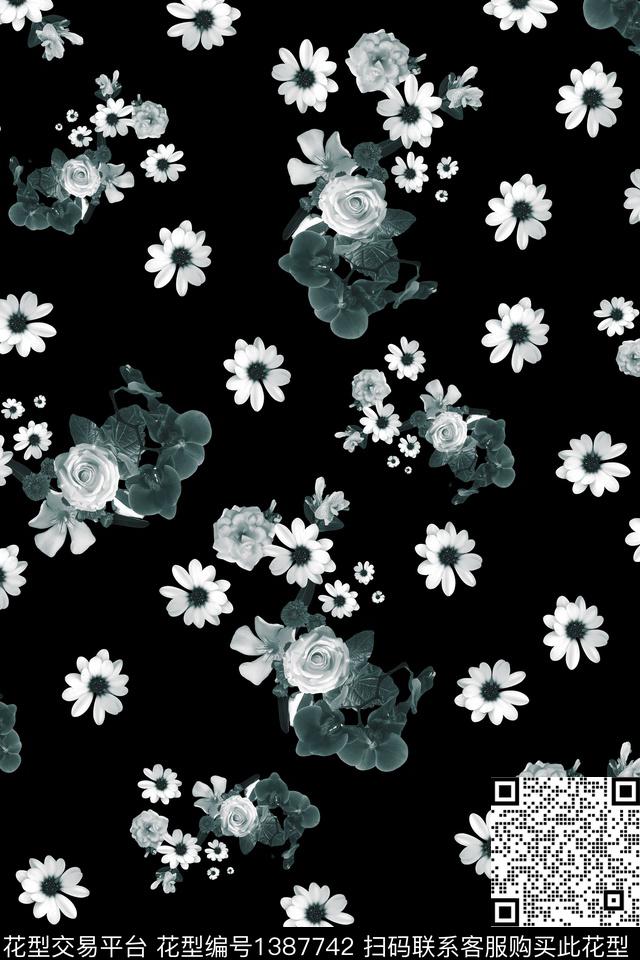 黑白华亿平台花卉大牌风数码印花华亿平台下载（图片编号: 1387742） - 瓦栏（Walan）