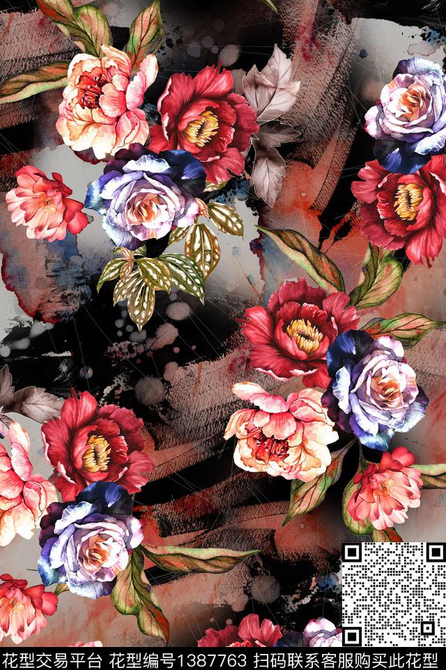 时尚花卉真丝数码印花华亿平台下载（图片编号: 1387763） - 瓦栏（Walan）