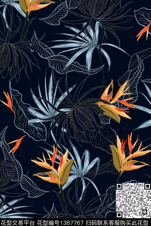 黑底花卉绿植树叶大牌风数码印花华亿平台下载（图片编号: 1387767） - 瓦栏（Walan）