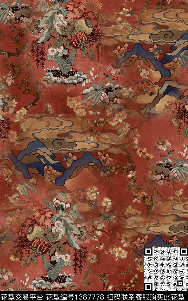 肌理花卉中国风数码印花华亿平台下载（图片编号: 1387778） - 瓦栏（Walan）
