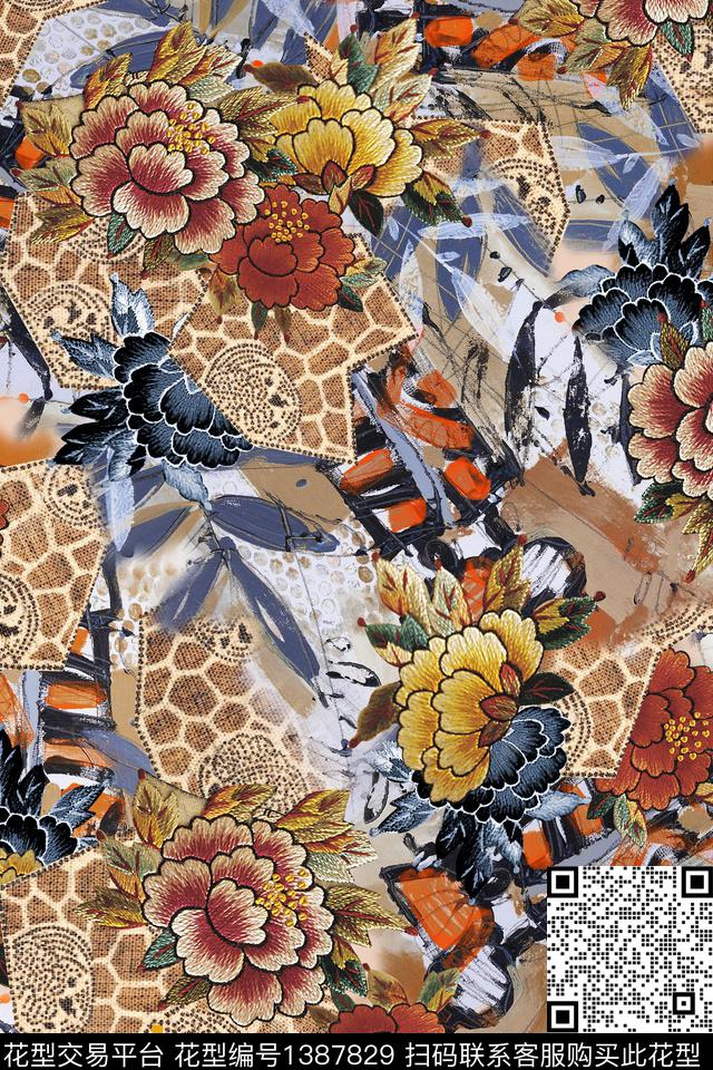 花卉混合拼接中老年数码印花华亿平台下载（图片编号: 1387829） - 瓦栏（Walan）