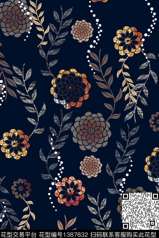 花卉绿植树叶黑底花卉数码印花华亿平台下载（图片编号: 1387832） - 瓦栏（Walan）