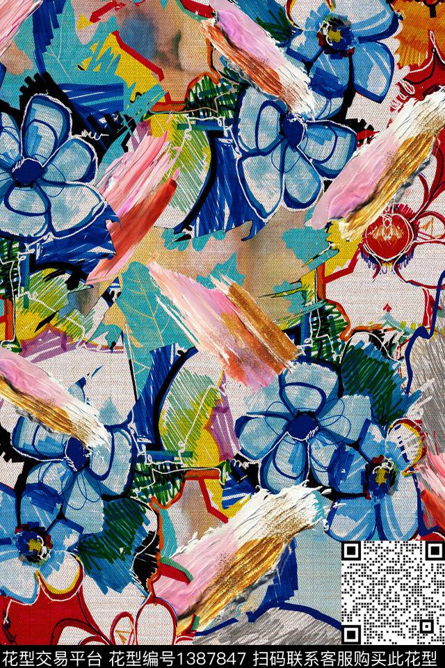 绿植树叶花卉混合拼接数码印花华亿平台下载（图片编号: 1387847） - 瓦栏（Walan）