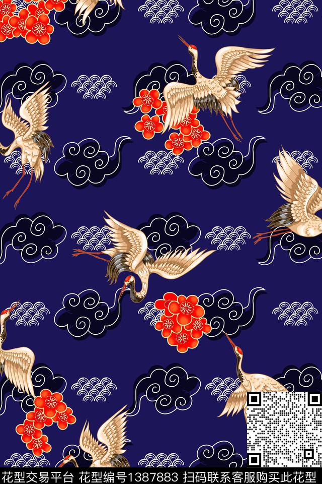 祥云仙鹤旗袍数码印花华亿平台下载（图片编号: 1387883） - 瓦栏（Walan）