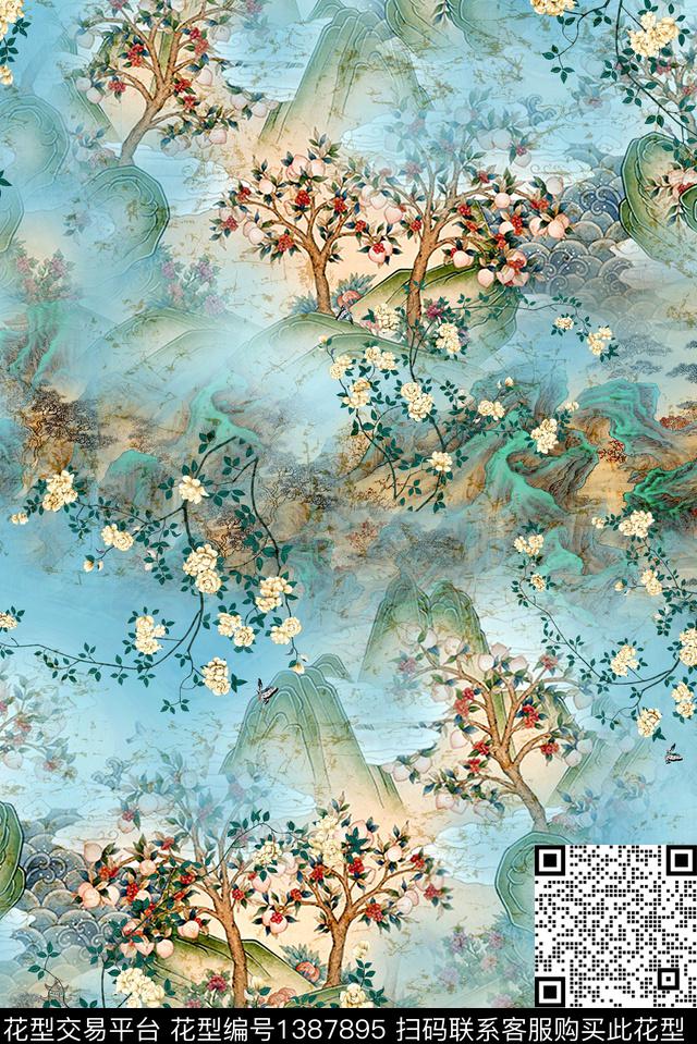 几何花卉香云纱数码印花华亿平台下载（图片编号: 1387895） - 瓦栏（Walan）