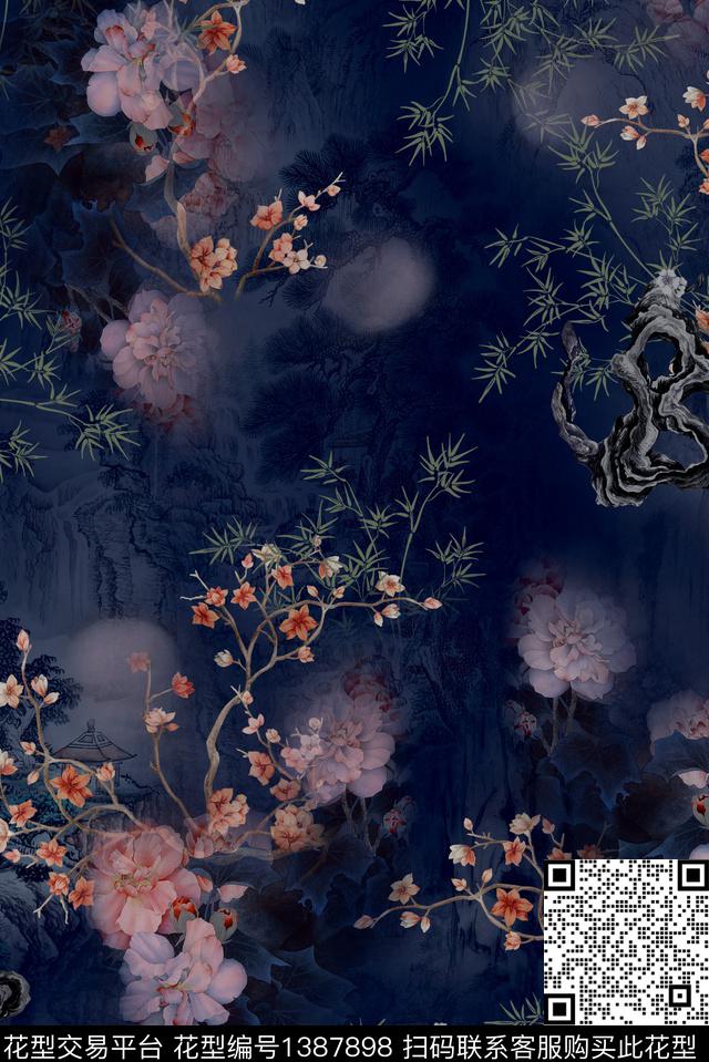 几何花卉香云纱数码印花华亿平台下载（图片编号: 1387898） - 瓦栏（Walan）