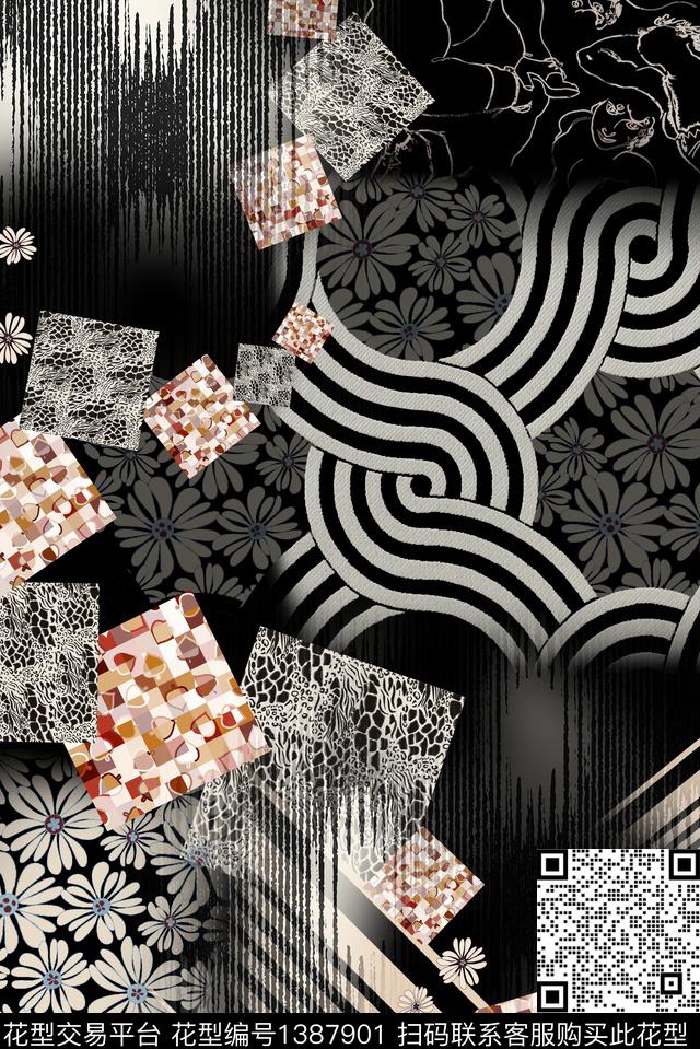 几何花卉女装中国风数码印花华亿平台下载（图片编号: 1387901） - 瓦栏（Walan）