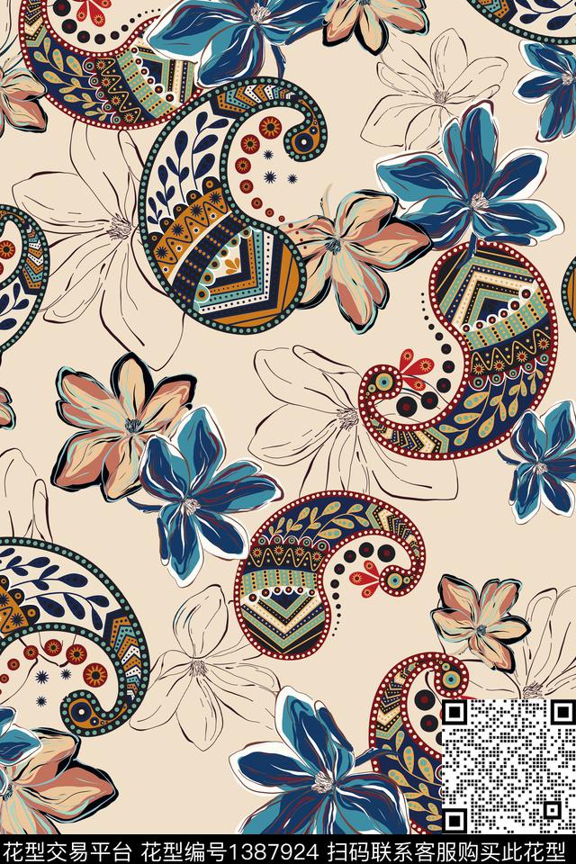 线条佩斯利花卉传统印花华亿平台下载（图片编号: 1387924） - 瓦栏（Walan）