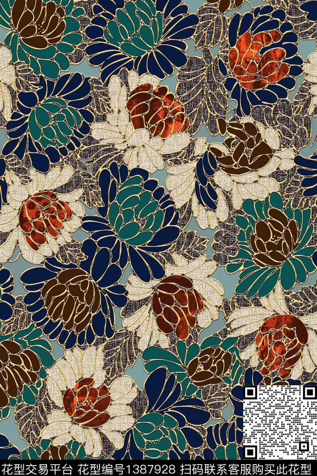 花卉雕印华亿平台混合拼接传统印花华亿平台下载（图片编号: 1387928） - 瓦栏（Walan）