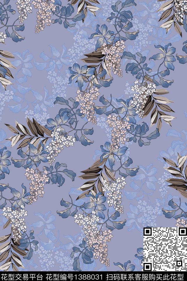 绿植树叶花卉手绘花卉数码印花华亿平台下载（图片编号: 1388031） - 瓦栏（Walan）
