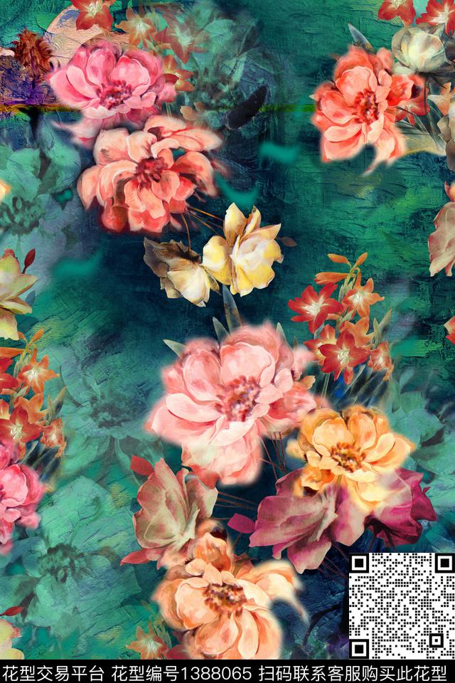 数码华亿平台抽象花卉香云纱数码印花华亿平台下载（图片编号: 1388065） - 瓦栏（Walan）