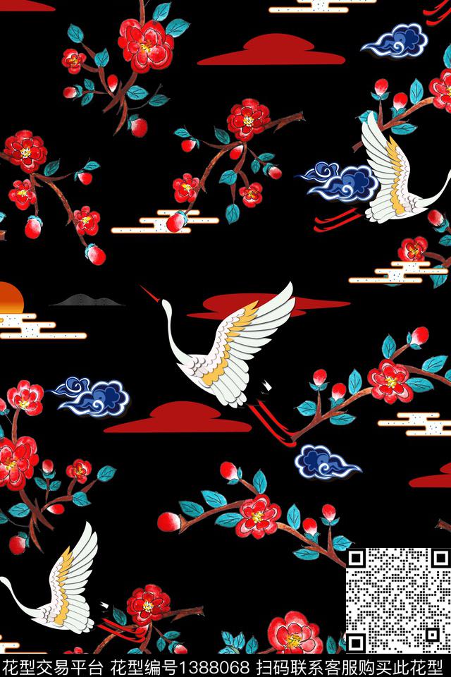 仙鹤祥云真丝数码印花华亿平台下载（图片编号: 1388068） - 瓦栏（Walan）