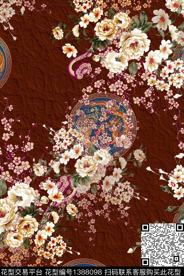 复古花卉旗袍数码印花华亿平台下载（图片编号: 1388098） - 瓦栏（Walan）