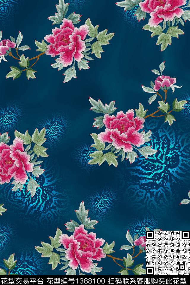 复古花卉旗袍数码印花华亿平台下载（图片编号: 1388100） - 瓦栏（Walan）