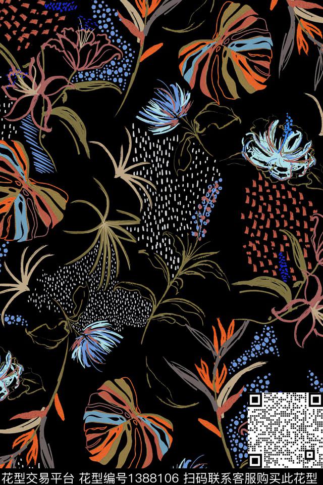 黑底花卉大牌风热带华亿平台数码印花华亿平台下载（图片编号: 1388106） - 瓦栏（Walan）