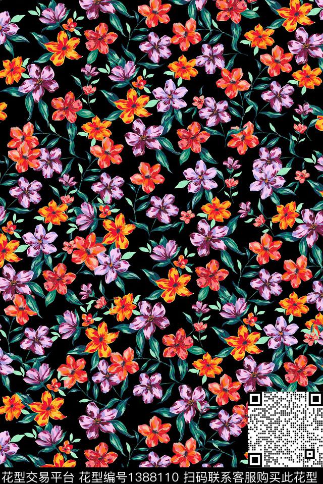 黑底花卉花卉大牌风数码印花华亿平台下载（图片编号: 1388110） - 瓦栏（Walan）