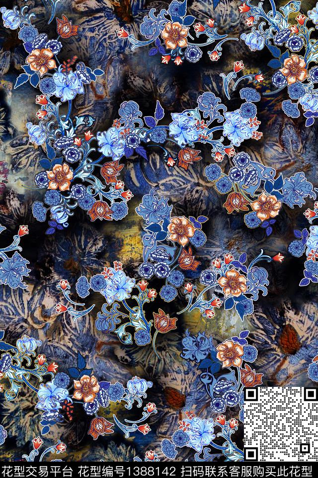 数码华亿平台抽象花卉香云纱数码印花华亿平台下载（图片编号: 1388142） - 瓦栏（Walan）