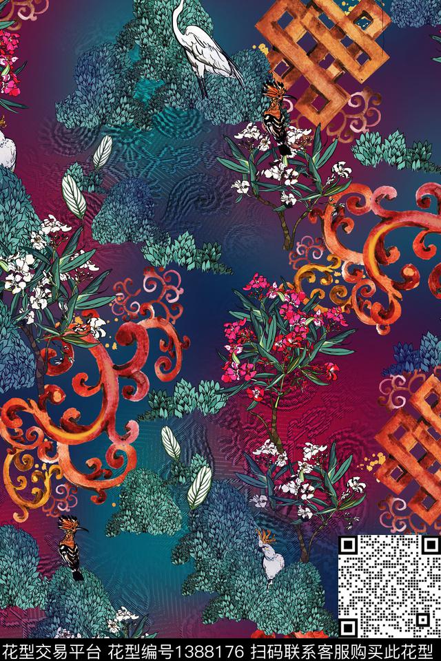 绿植树叶民族风香云纱数码印花华亿平台下载（图片编号: 1388176） - 瓦栏（Walan）