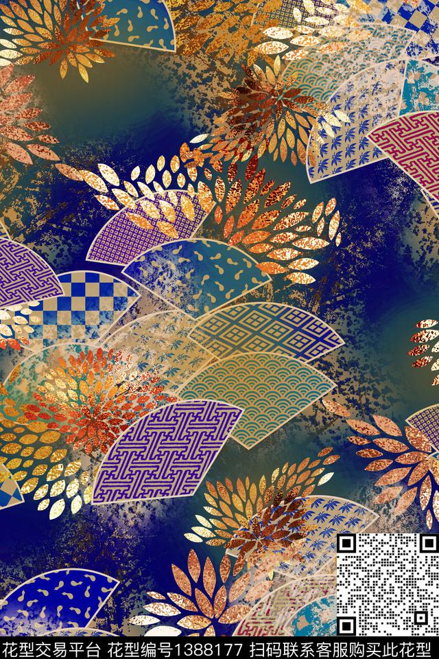 扇子民族风香云纱数码印花华亿平台下载（图片编号: 1388177） - 瓦栏（Walan）