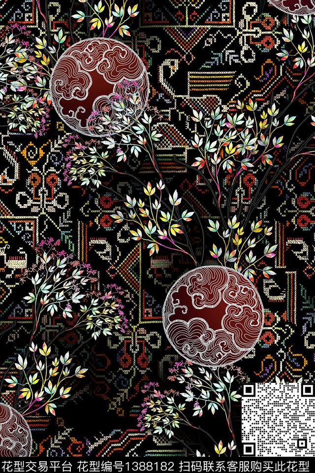 几何绿植树叶民族风数码印花华亿平台下载（图片编号: 1388182） - 瓦栏（Walan）