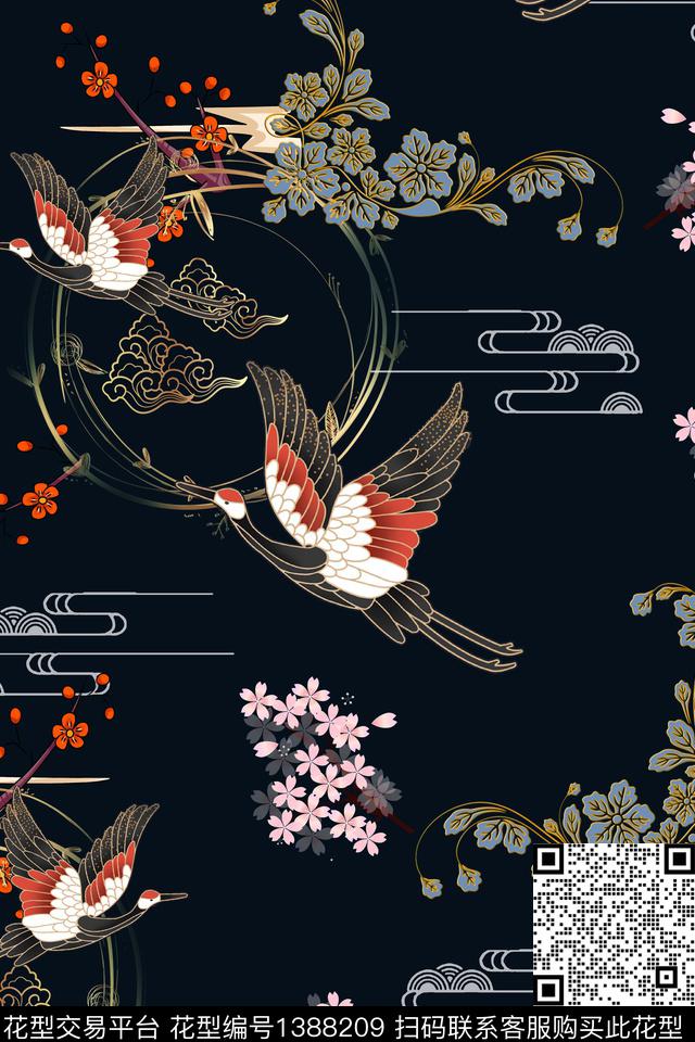 祥云仙鹤真丝数码印花华亿平台下载（图片编号: 1388209） - 瓦栏（Walan）