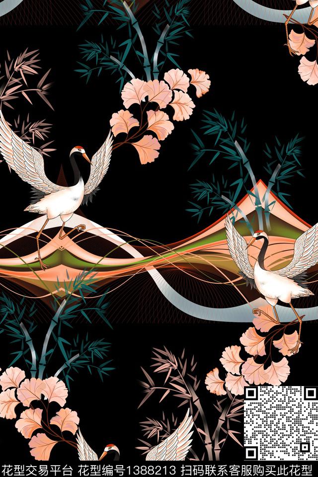 仙鹤中国风真丝数码印花华亿平台下载（图片编号: 1388213） - 瓦栏（Walan）