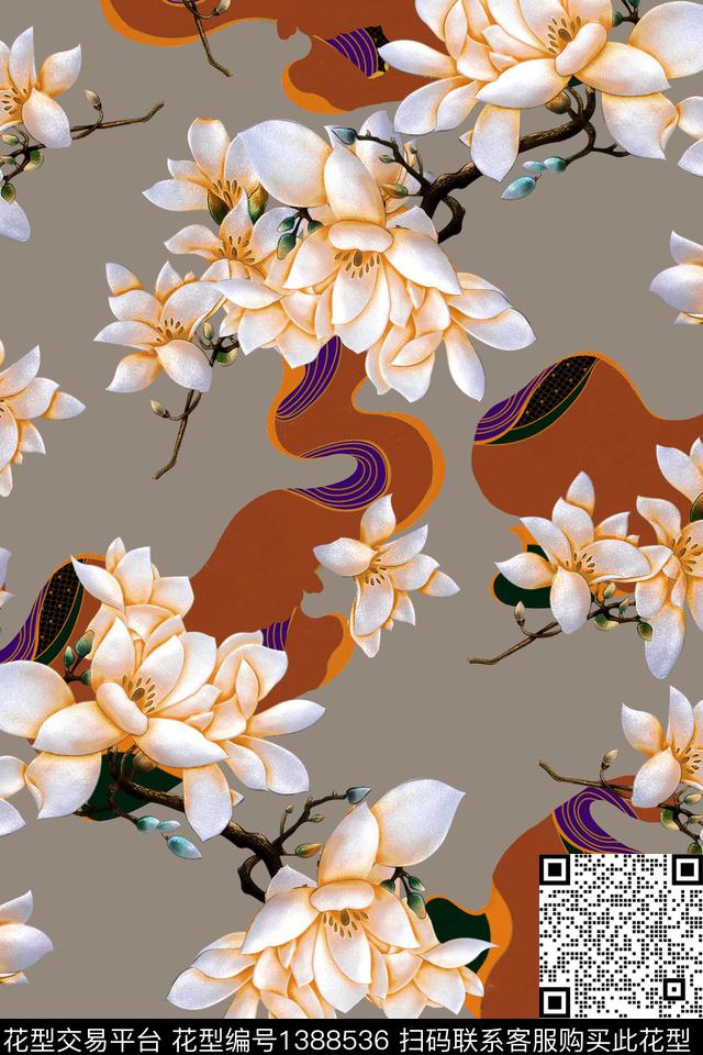 真丝中国风华亿平台玉兰花数码印花华亿平台下载（图片编号: 1388536） - 瓦栏（Walan）