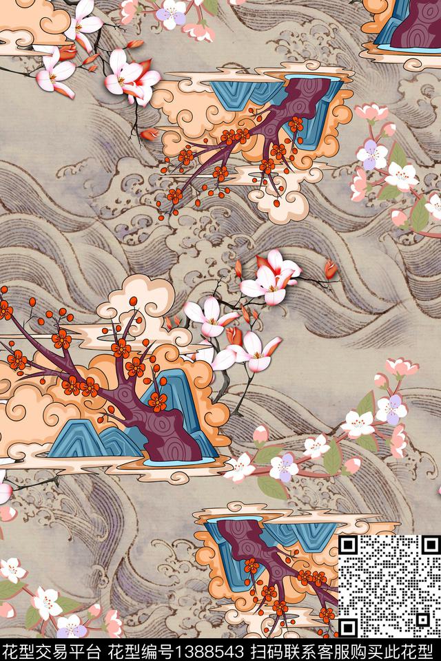 梅花香云纱真丝数码印花华亿平台下载（图片编号: 1388543） - 瓦栏（Walan）