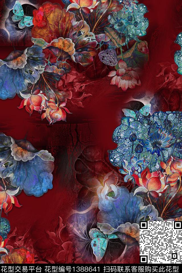 荷花花卉香云纱数码印花华亿平台下载（图片编号: 1388641） - 瓦栏（Walan）