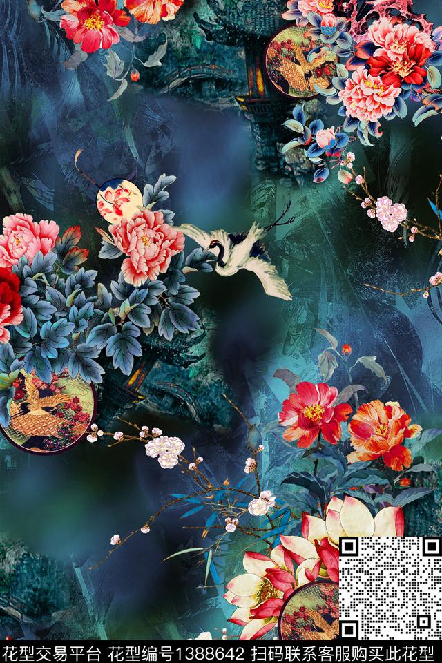 荷花花卉香云纱数码印花华亿平台下载（图片编号: 1388642） - 瓦栏（Walan）