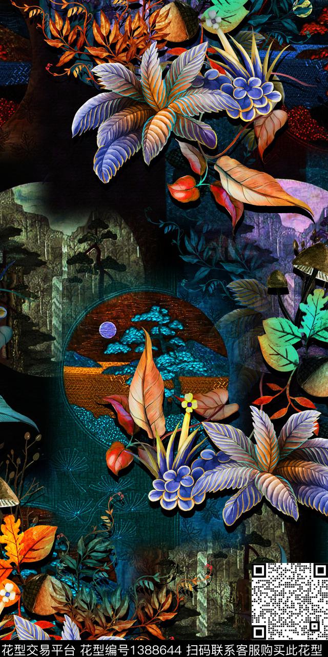 花卉香云纱中国风数码印花华亿平台下载（图片编号: 1388644） - 瓦栏（Walan）