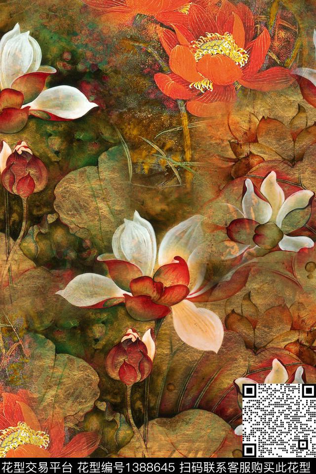 荷花花卉香云纱数码印花华亿平台下载（图片编号: 1388645） - 瓦栏（Walan）