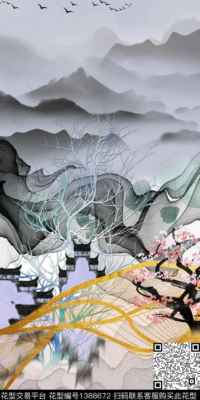几何定位花中国风数码印花华亿平台下载（图片编号: 1388672） - 瓦栏（Walan）