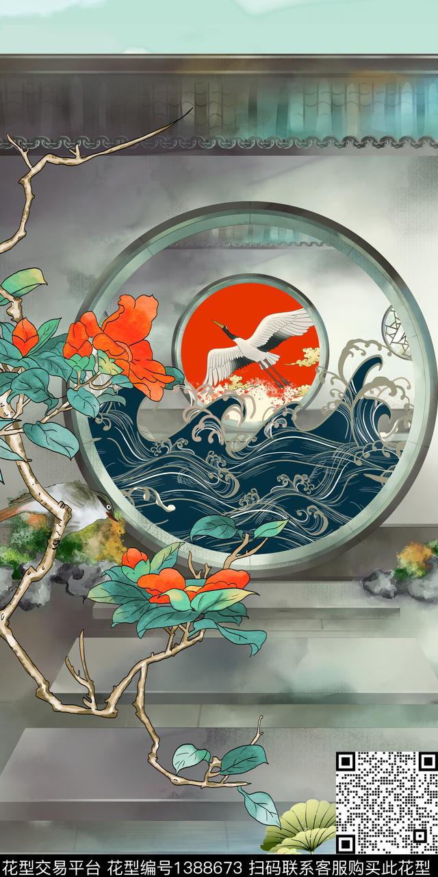 几何定位花中国风数码印花华亿平台下载（图片编号: 1388673） - 瓦栏（Walan）