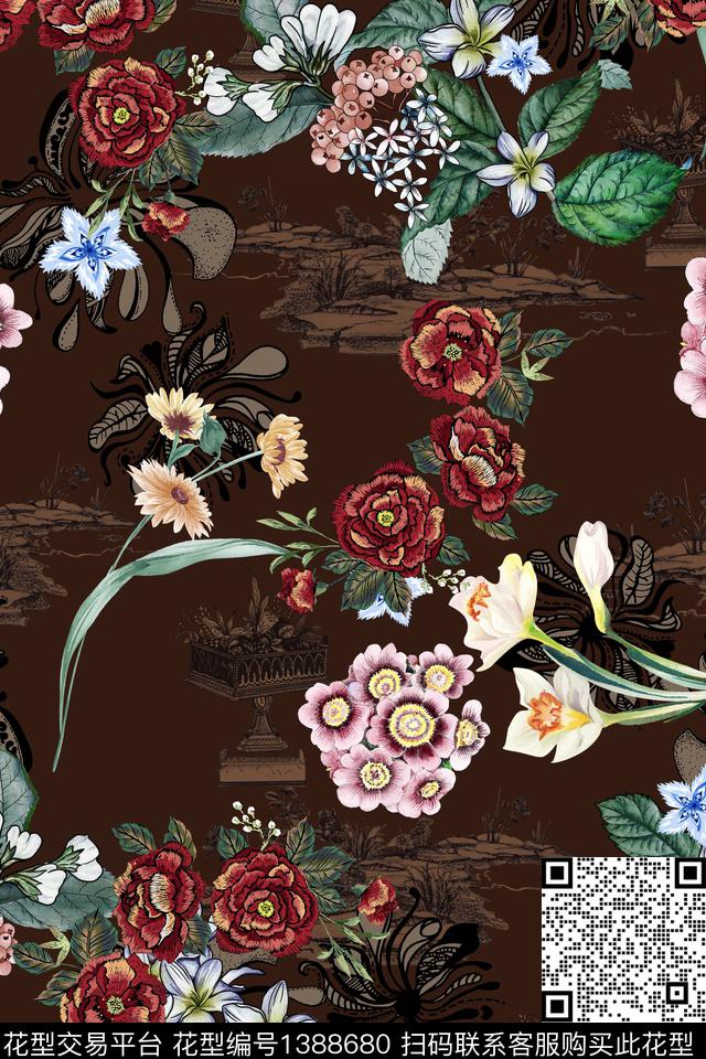 花卉大牌风休闲数码印花华亿平台下载（图片编号: 1388680） - 瓦栏（Walan）