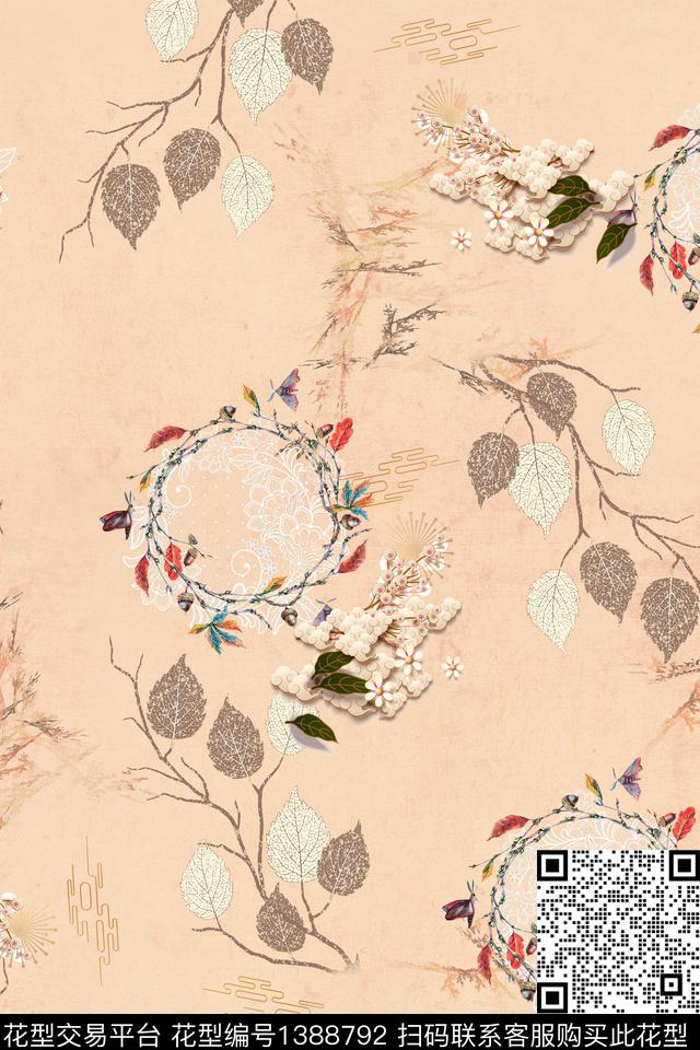 花卉香云纱中国风数码印花华亿平台下载（图片编号: 1388792） - 瓦栏（Walan）