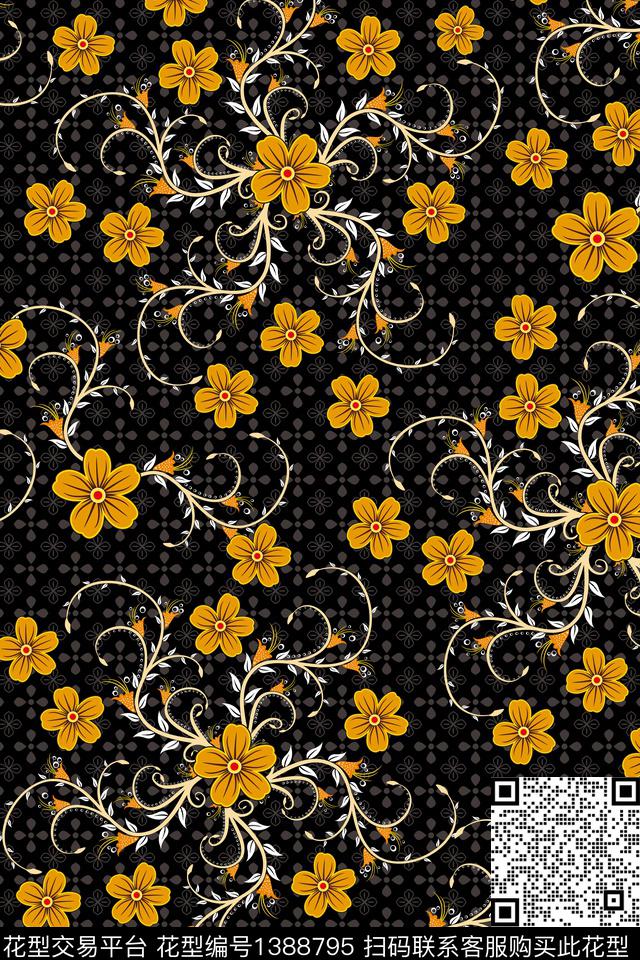 几何民族风花卉数码印花华亿平台下载（图片编号: 1388795） - 瓦栏（Walan）