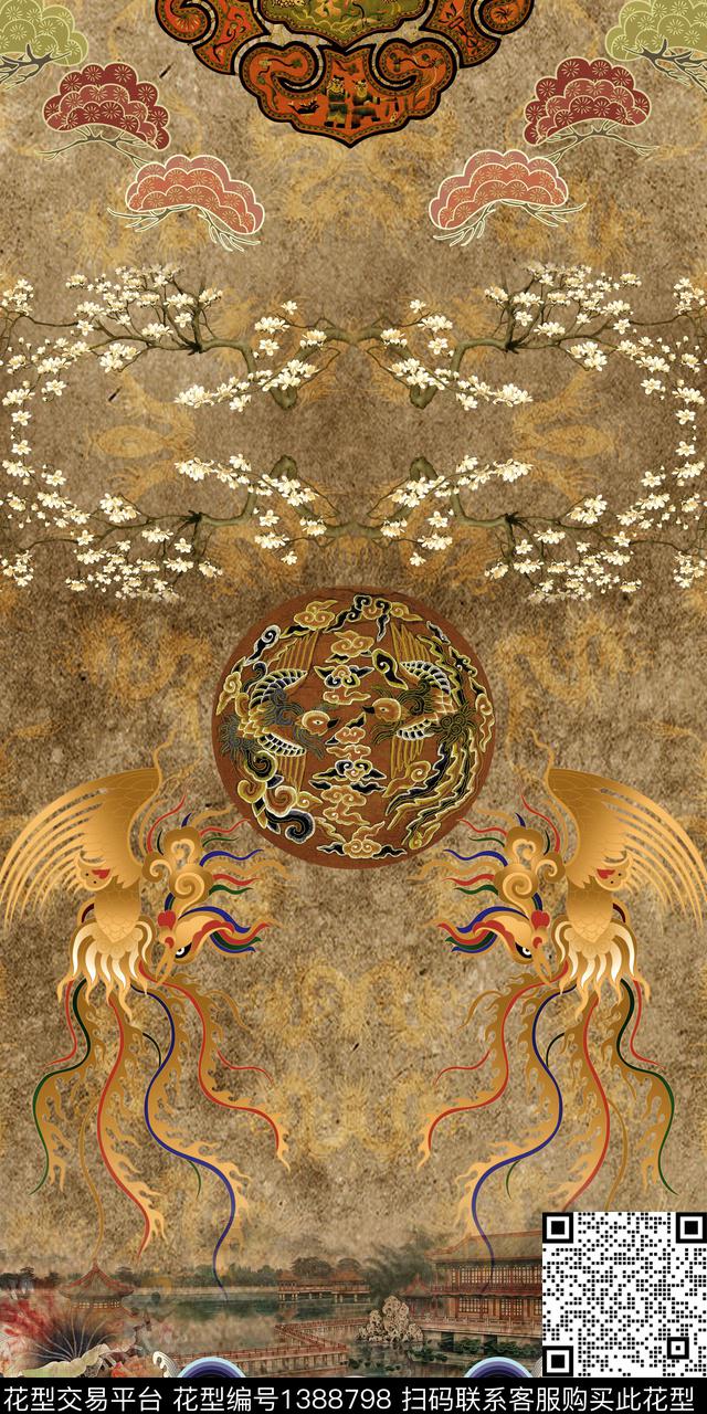 定位花中国风对称花数码印花华亿平台下载（图片编号: 1388798） - 瓦栏（Walan）
