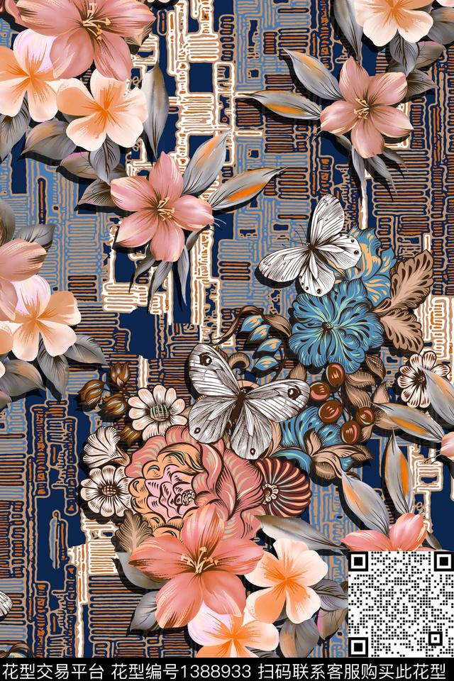 香云纱复古旗袍花底纹花数码印花华亿平台下载（图片编号: 1388933） - 瓦栏（Walan）