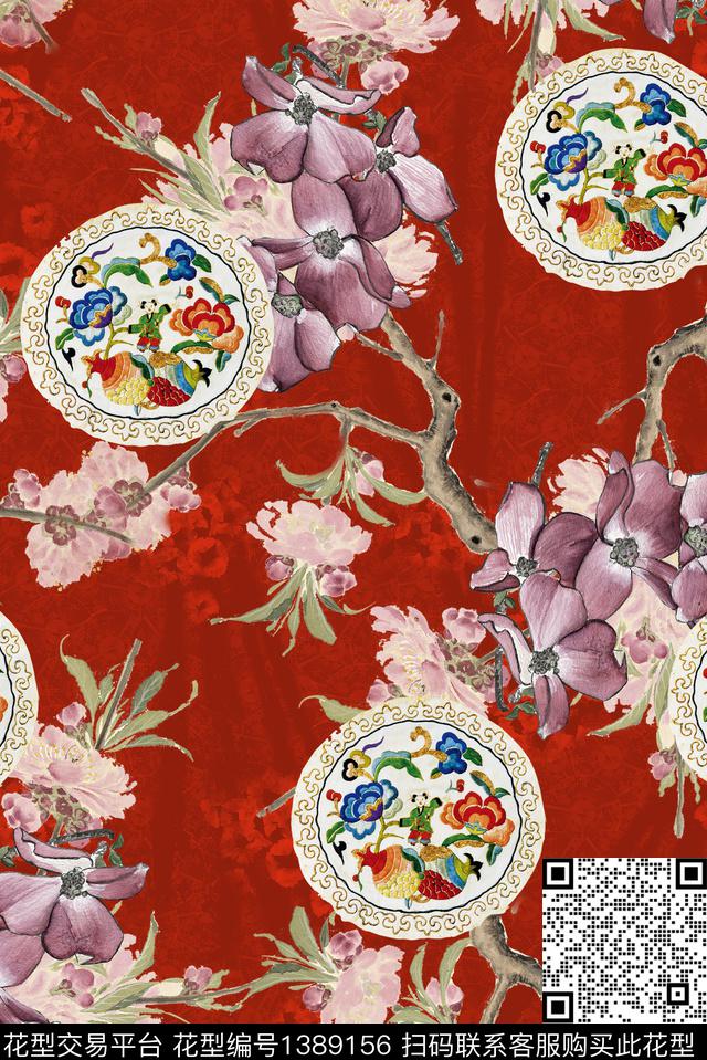 复古花卉旗袍数码印花华亿平台下载（图片编号: 1389156） - 瓦栏（Walan）