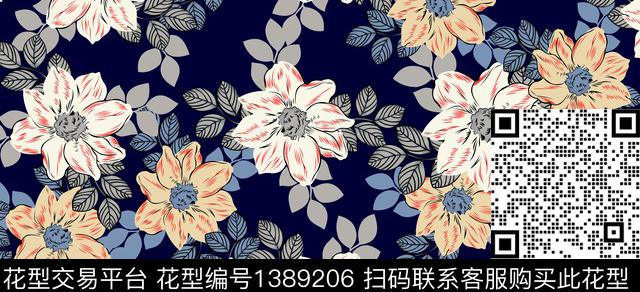 花卉大牌风抽象数码印花华亿平台下载（图片编号: 1389206） - 瓦栏（Walan）