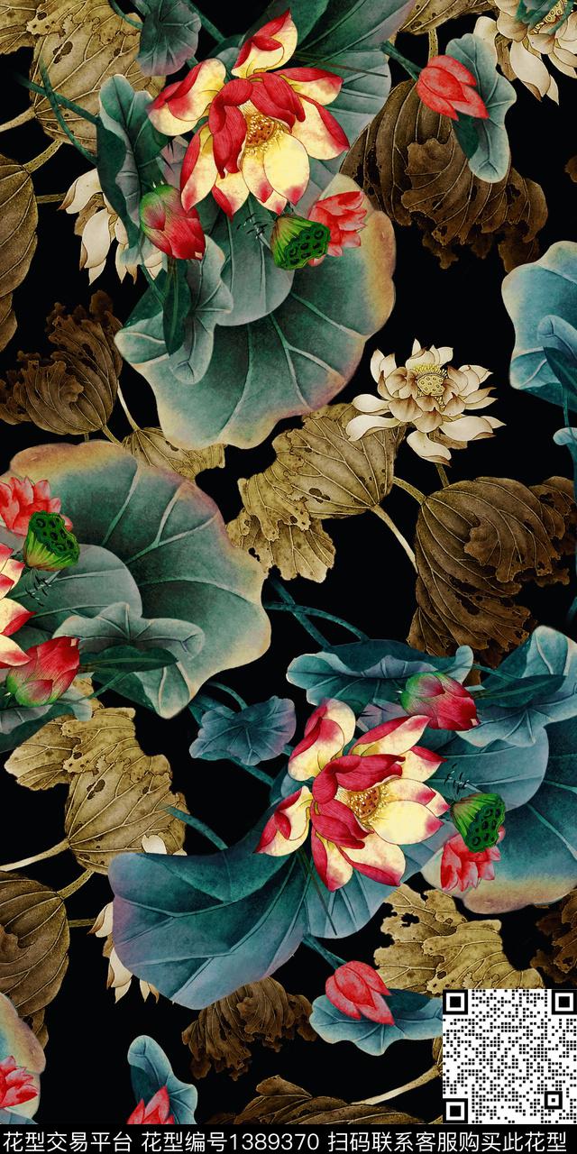 荷花花卉香云纱数码印花华亿平台下载（图片编号: 1389370） - 瓦栏（Walan）
