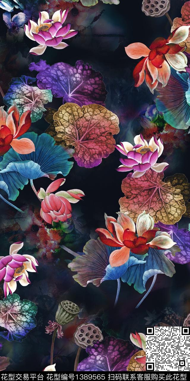荷花花卉香云纱数码印花华亿平台下载（图片编号: 1389565） - 瓦栏（Walan）