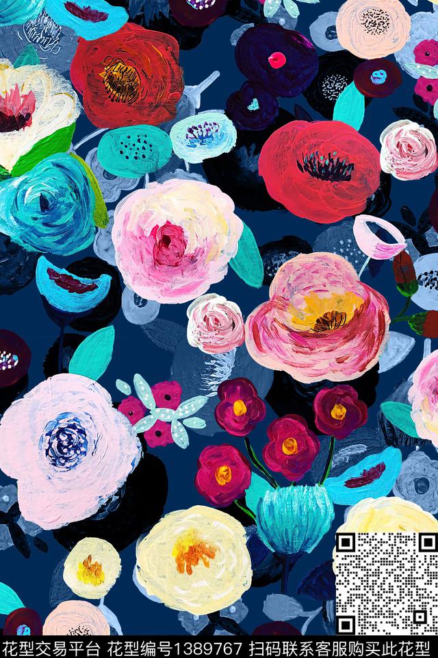 花卉大牌风抽象数码印花华亿平台下载（图片编号: 1389767） - 瓦栏（Walan）