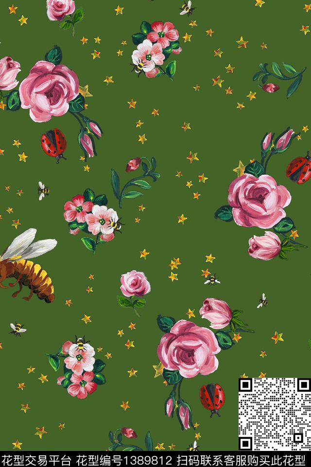 蜜蜂星星花卉数码印花华亿平台下载（图片编号: 1389812） - 瓦栏（Walan）
