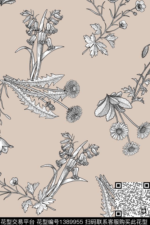 大牌风植物素描数码印花华亿平台下载（图片编号: 1389955） - 瓦栏（Walan）