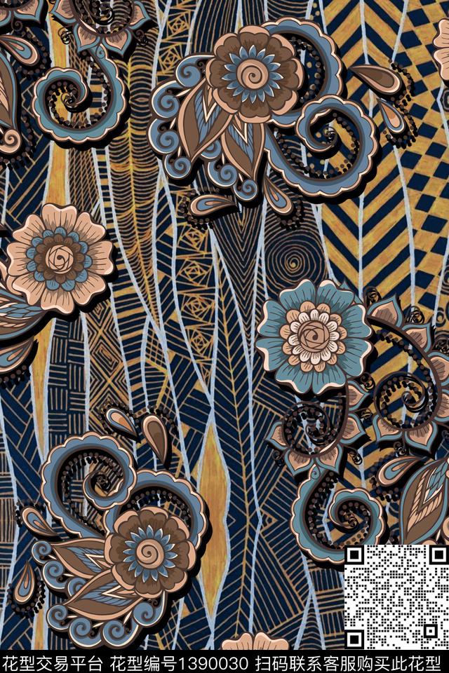 民族风真丝几何底纹花数码印花华亿平台下载（图片编号: 1390030） - 瓦栏（Walan）