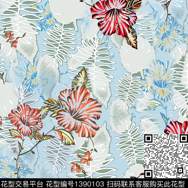 绿植树叶花卉异域热带印花数码印花华亿平台下载（图片编号: 1390103） - 瓦栏（Walan）